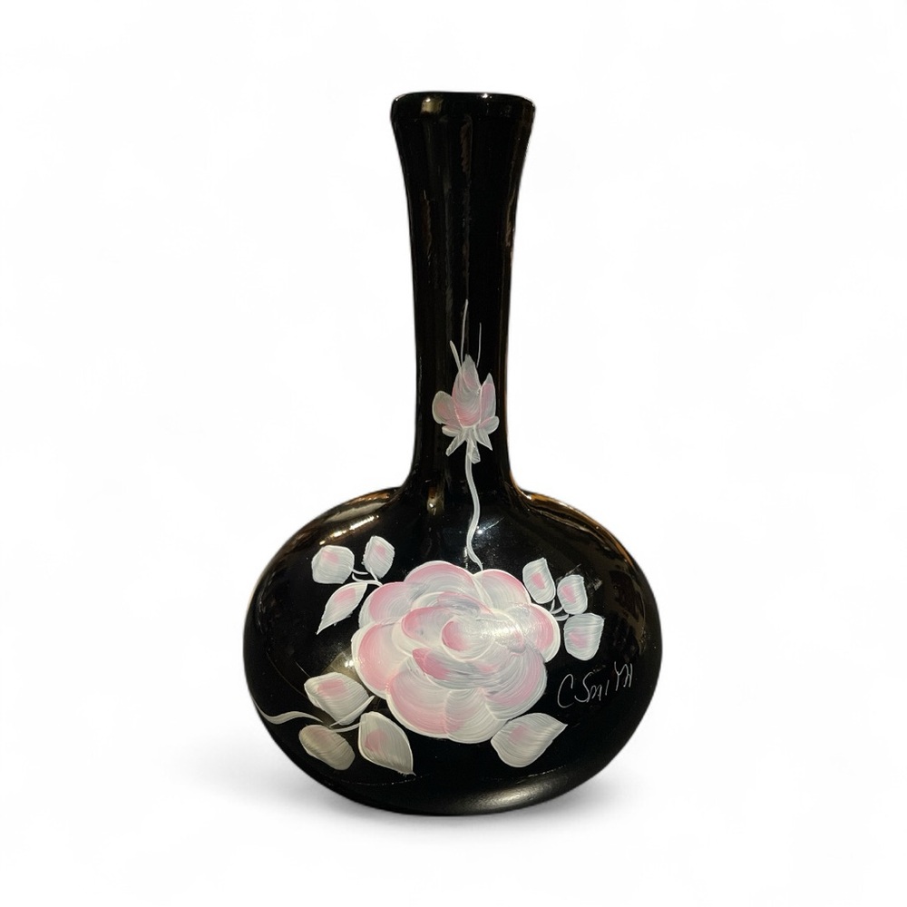 FENTON Black Glass Vase w/ Floral Design Hand Painted by C. Smith